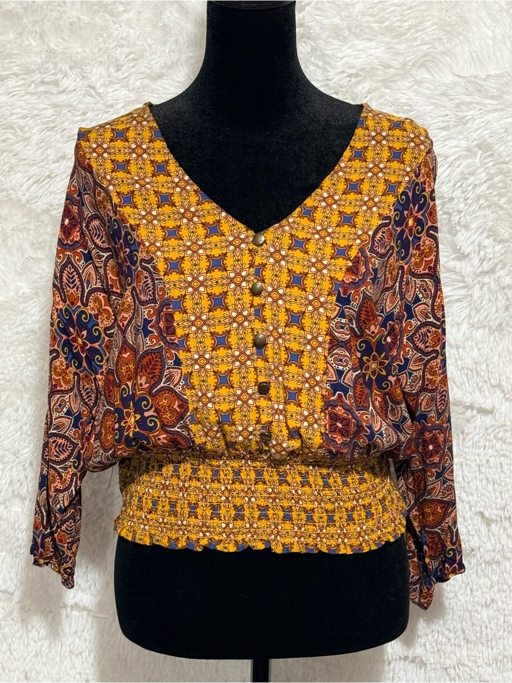 NWOT Gypsies & Moondust Yellow Floral Paisley V-Neck Smocked Waist Blouse